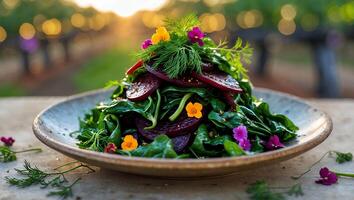 Beet Salad with Spinach and Edible Flowers in Outdoor Setting photo
