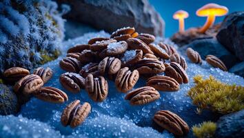 Pecan Nuts Scattered on Sparkling Surface with Mushrooms in Background photo