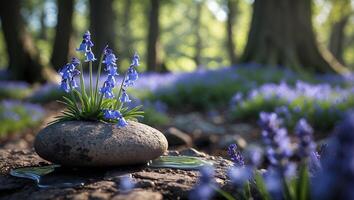 Bluebell Flowers Growing on Stone in Forest with Morning Sunlight photo