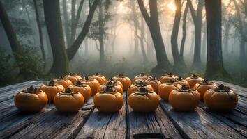 Ripe Persimmons on Wooden Table in Misty Forest at Dawn photo