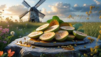 Sliced Fruit on Stone with Honey in Sunny Countryside Setting photo