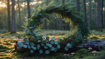 Creating Natural Woodland Wreath on Fallen Log in Sunlit Forest photo