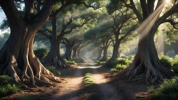 Walking Down a Dirt Path Lined with Large Ancient Trees photo