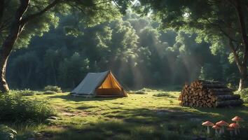 Camping Tent in Forest Clearing with Firewood and Sunlight Beams photo