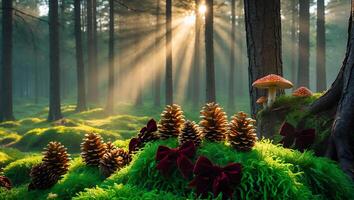 Pine Cones and Red Velvet Bows in Forest with Sunlight photo