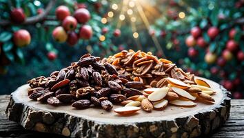 Assorted Nuts on Wooden Slice with Apple Orchard Background photo
