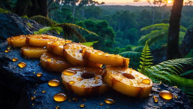 Pile of Donut Slices with Golden Droplets on Stone Slab photo
