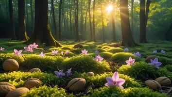 Forest Floor with Flowers, Moss, and Walnuts in Golden Sunlight photo