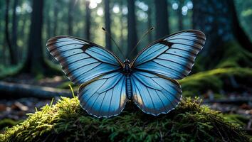 Blue Butterfly Resting on Moss in a Forest with Sunlight photo