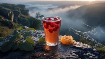 Refreshing Cherry Drink with Honeycomb Overlooking Scenic Mountain View photo