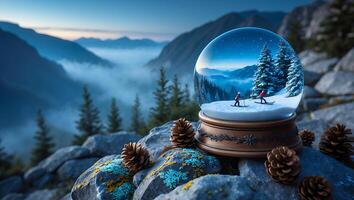 Snow Globe Displaying Skiing Scene Set Against Mountain Backdrop at Twilight photo