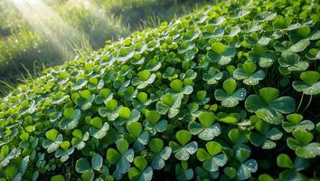Green Clover Patch Growing with Sunlight and Tiny Water Droplets photo