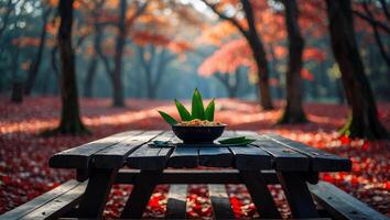 Bowl of Food on Picnic Table in Autumn Forest Setting photo