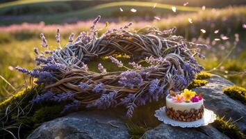 Lavender Wreath and Floral Cake on Rock in Meadow Setting photo