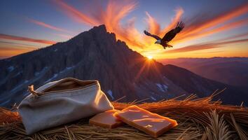 Eagle Flying Over Mountains at Sunset with Bag and Treats photo