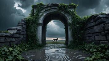 Canine Standing in Archway During Stormy Weather on Overcast Day photo
