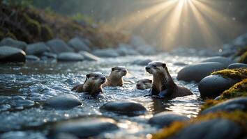 Otters Swimming in Stream Sunlight Shining Through Trees Reflecting Serenity photo
