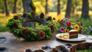 Cake Slice and Floral Wreath on Wood Table in Garden Setting photo