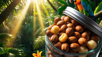 Macadamia Nuts in Jar with Tropical Forest Background and Sunlight photo