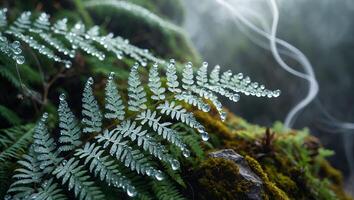 Fern Frond Adorned with Water Droplets in a Lush Forest Setting photo