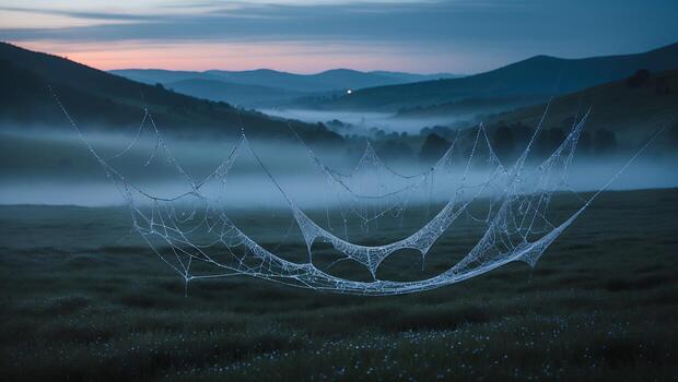 Spiderweb Covered in Dew Drops with Misty Valley Background at Dawn photo