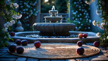 Stone Fountain with Water and Peaches in a Serene Garden Setting photo