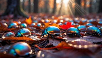 Iridescent Beetles Crawling on Autumn Leaves in Forest Sunlight photo