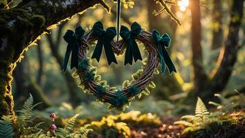 Heart Shaped Wreath Hanging in Forest with Green Bows Decorating photo