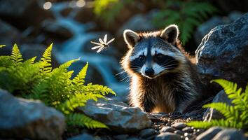 Raccoon Observing Dragonfly in Natural Habitat by a Gentle Stream photo