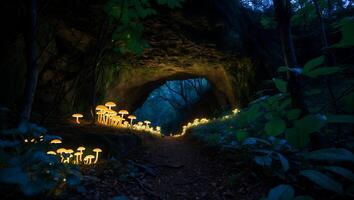 Glowing Mushrooms Illuminate Forest Path Leading to Cave Entrance at Night photo