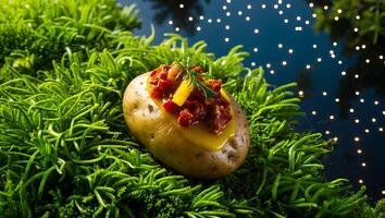 Baked Potato Topped with Vegetables on a Bed of Greenery photo