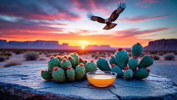 Majestic Eagle Soaring Over Desert Landscape with Cactus and Sunset photo