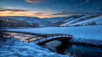 Snowy Landscape with Wooden Bridge Over Water at Dusk Scenery photo