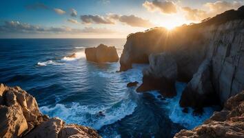Coastal Cliffs with Ocean Waves at Sunset Creating Dramatic Scene photo