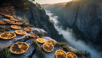 Dried Orange Slices on Mountain Edge Overlooking Foggy River Canyon photo