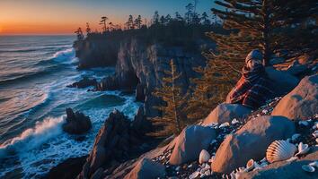 Person Relaxing with Blanket on Rocky Coastline at Sunset photo