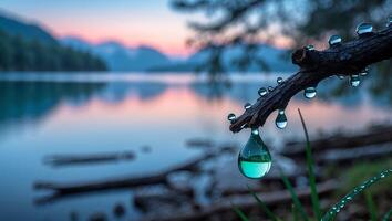 Water Drops Hanging From Branch Reflecting Lake and Mountain View photo