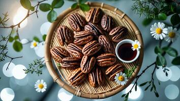 Arrangement of Pecan Nuts and Small Daisies with Sweet Syrup photo