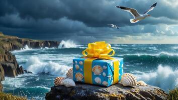 Gift Box by the Ocean with Waves Crashing and Flying Birds photo
