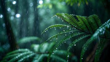Fern Frond in Rain with Water Droplets Reflecting Forest Light photo