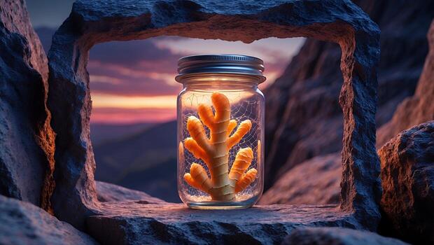 Orange Object in Jar on Rock Ledge with Sunset Backdrop photo