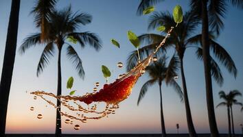 Splashing Summer Drink with Tropical Palm Trees at Sunset photo