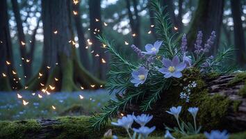 Wildflower Arrangement on Mossy Log with Fireflies in Forest photo
