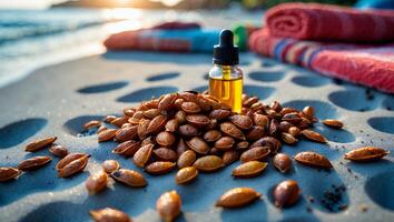 Pile of Seeds with Oil Dropper Bottle on Sand Near Ocean photo