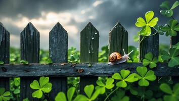Snail Crawling on Wooden Fence Surrounded by Clover in Garden photo