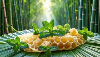 Honeycomb and Mint Leaves on Palm Leaf with Bamboo Forest photo