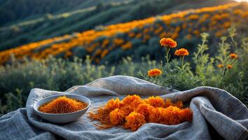 Arrangement with Orange Flowers and Noodle Dish in Meadow Setting photo