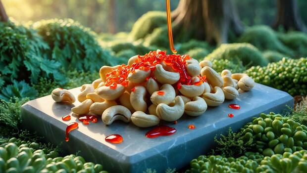 Cashew Nuts with Red Topping on Marble Slab in Nature photo