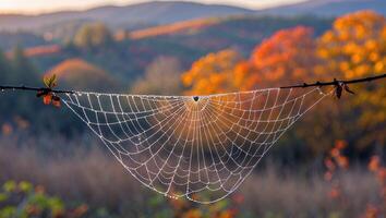 Dew Covered Cobweb Hanging on Branch with Autumnal Background photo