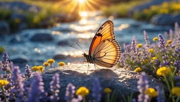 Butterfly Resting on Rock by Stream with Lavender and Golden Light photo